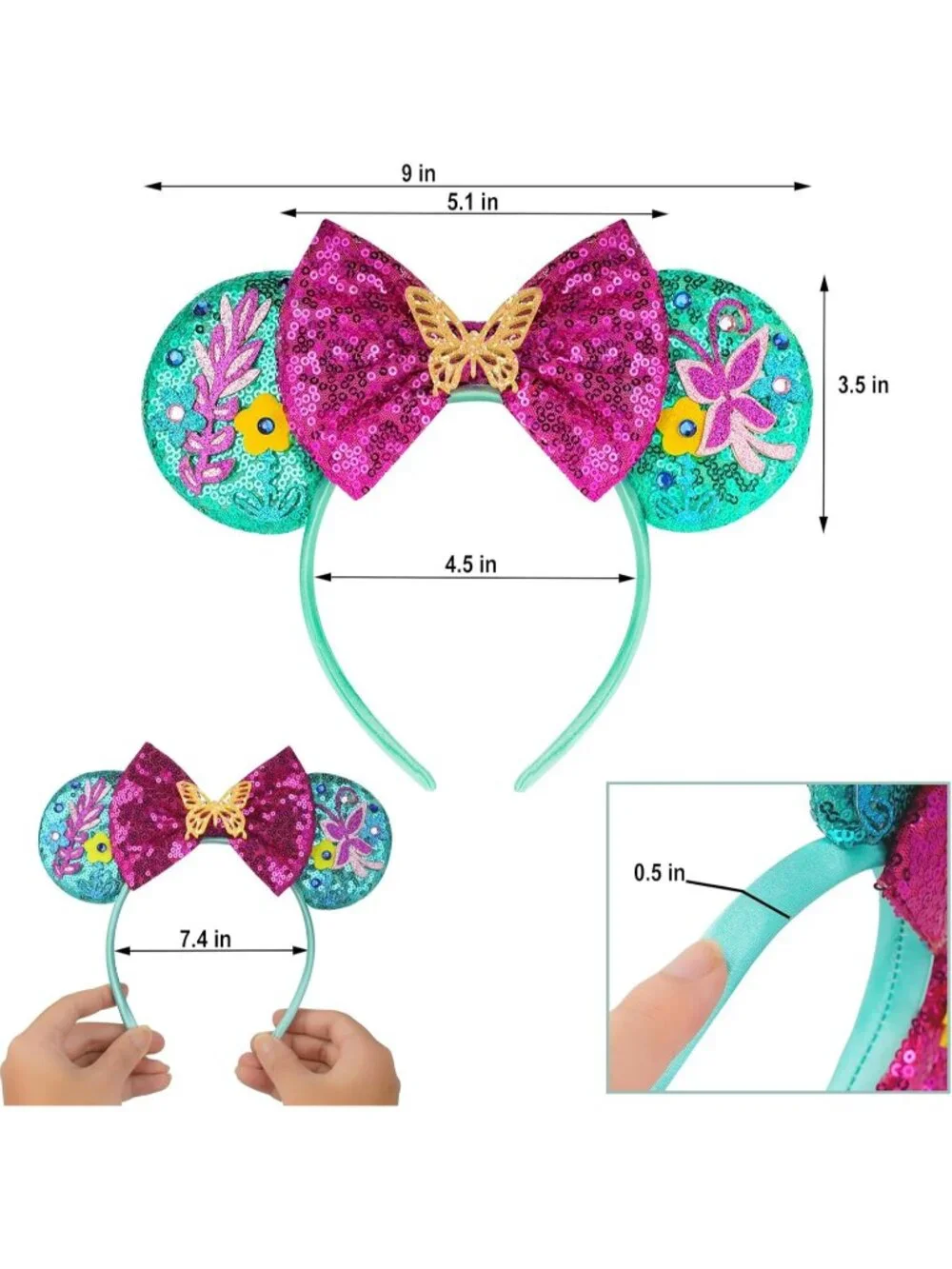 Women Pink Gold Sequin Handmade Mickey Mouse Headband 2 Pieces